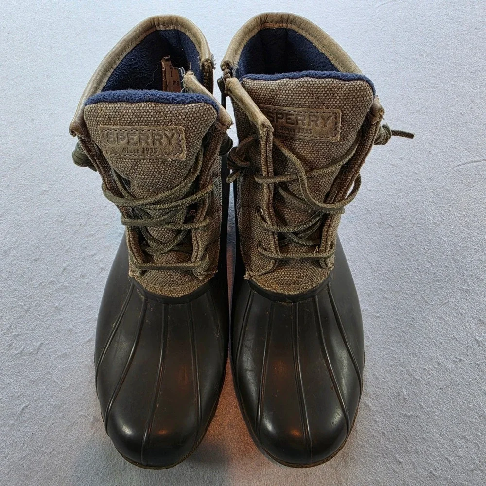 Sperry Saltwater Duck Boots Womens 7 Olive Green Brown Waterproof STS99132